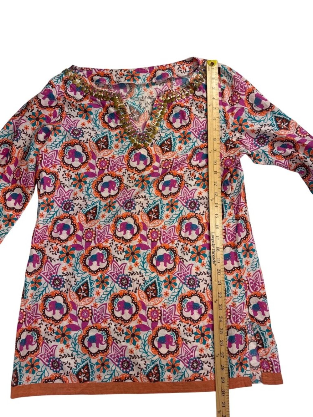 Women’s Boho Floral Medallion Tunic Top Beaded V Neck 3/4 Sleeve Resort Festival - Picture 8 of 12